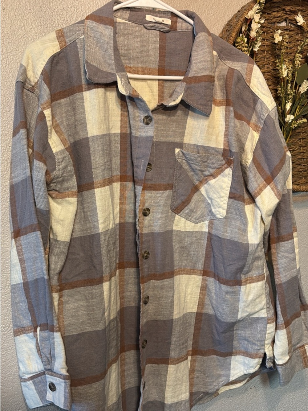 Maurices Plaid Button-Down Shirt in Cream, Gray & Brown